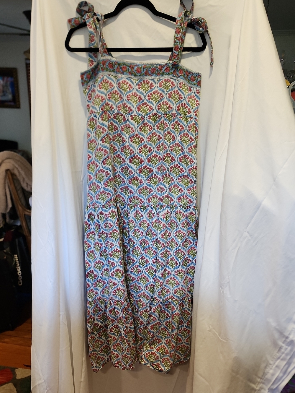 Madison Matthews Cotton Printed Tie-Strap Midi Dress in Floral Medallion Print
